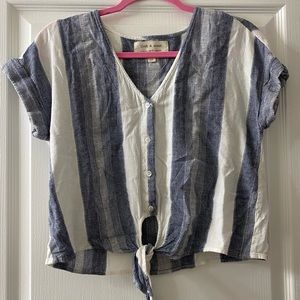 white and blue striped crop top with tie in front